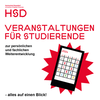 Abbildung eines Handys, auf dem ein Kalender angezeigt ist. Daneben steht: " Veranstaltungen für Studierende zur persönlichen und fachlichen Weiterbildung".